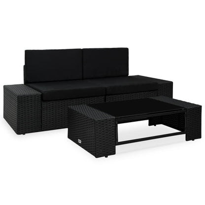 3-Delige Loungeset Poly Rattan Zwart Hoekbank (linkerarmleuning) + hoekbank (rechterarmleuning) + salontafel
