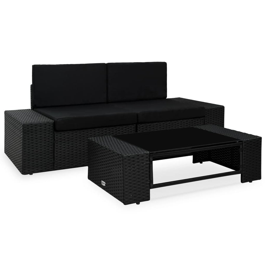 3-Delige Loungeset Poly Rattan Zwart Hoekbank (linkerarmleuning) + hoekbank (rechterarmleuning) + salontafel