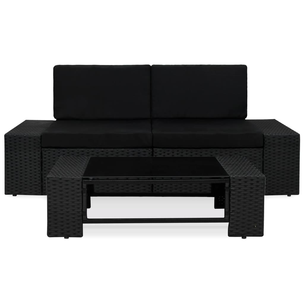 3-Delige Loungeset Poly Rattan Zwart Hoekbank (linkerarmleuning) + hoekbank (rechterarmleuning) + salontafel