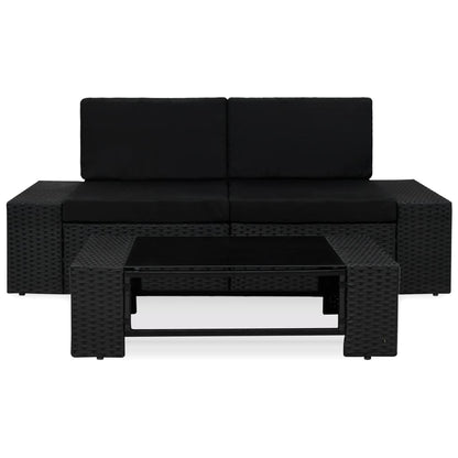 3-Delige Loungeset Poly Rattan Zwart Hoekbank (linkerarmleuning) + hoekbank (rechterarmleuning) + salontafel