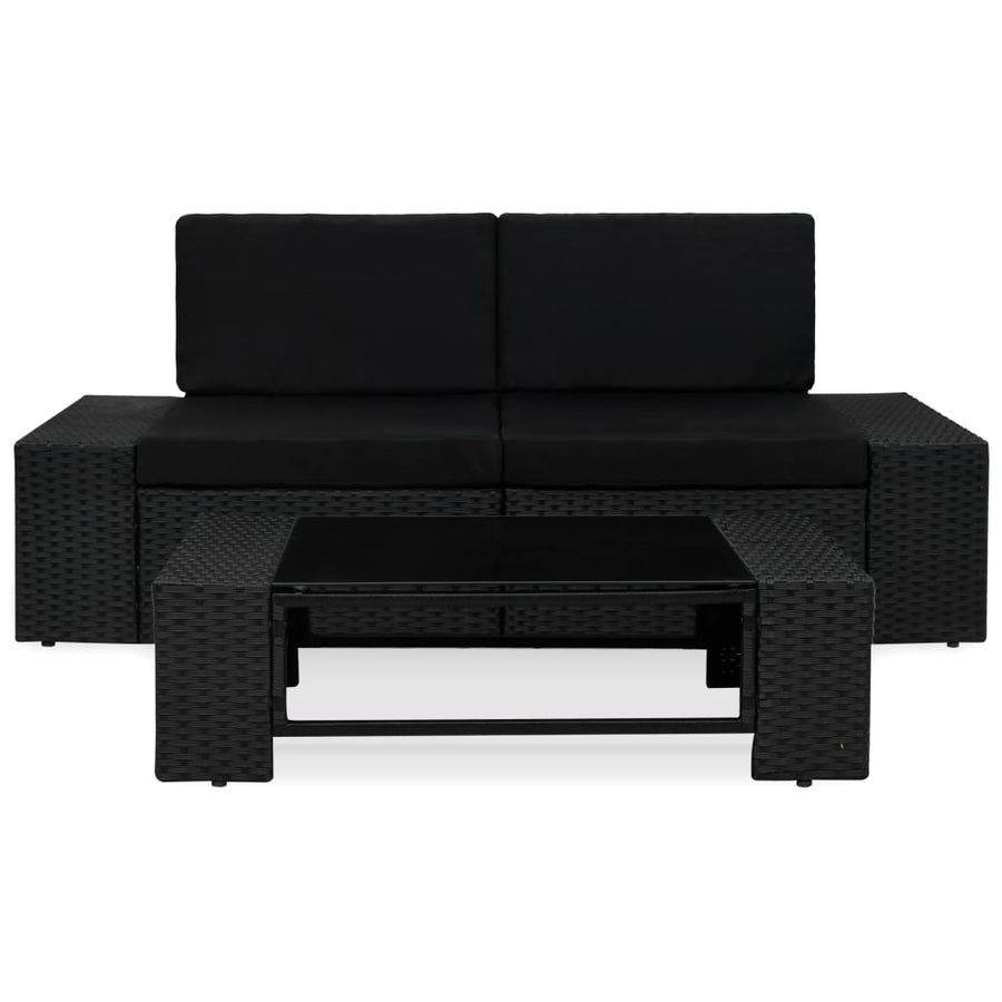 3-Delige Loungeset Poly Rattan Zwart Hoekbank (linkerarmleuning) + hoekbank (rechterarmleuning) + salontafel