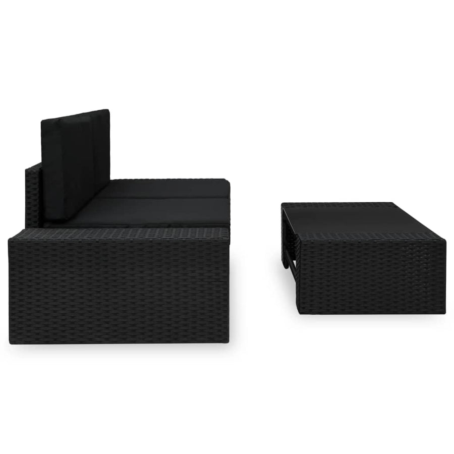 3-Delige Loungeset Poly Rattan Zwart Hoekbank (linkerarmleuning) + hoekbank (rechterarmleuning) + salontafel