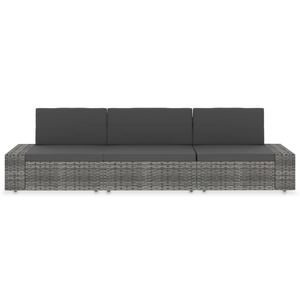 Driezitsbank sectioneel poly rattan grijs
