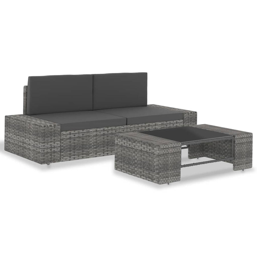 3-Delige Loungeset Poly Rattan Grijs Hoekbank (linkerarmleuning) + hoekbank (rechterarmleuning) + salontafel