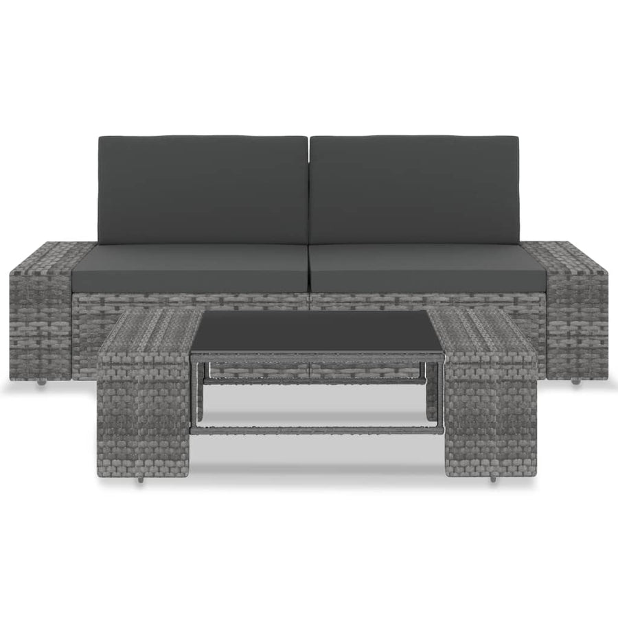 3-Delige Loungeset Poly Rattan Grijs Hoekbank (linkerarmleuning) + hoekbank (rechterarmleuning) + salontafel