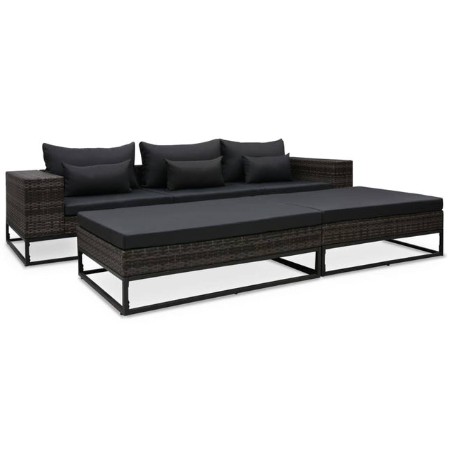 5-Delige Loungeset Met Kussens Poly Rattan Grijs 2x hoek + midden + 2x voetensteun