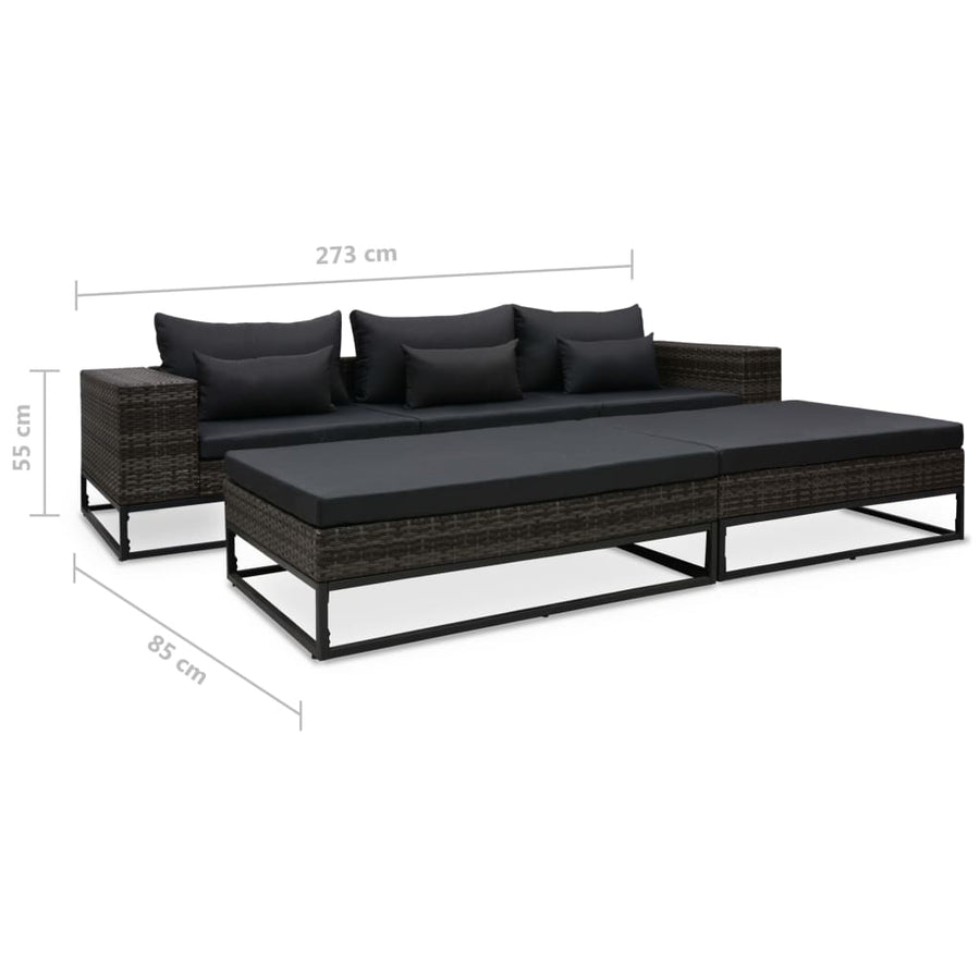 5-Delige Loungeset Met Kussens Poly Rattan Grijs 2x hoek + midden + 2x voetensteun