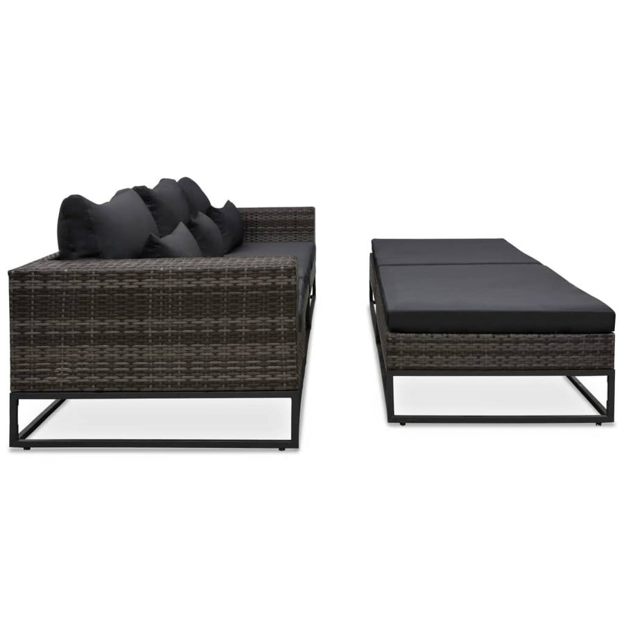 5-Delige Loungeset Met Kussens Poly Rattan Grijs 2x hoek + midden + 2x voetensteun