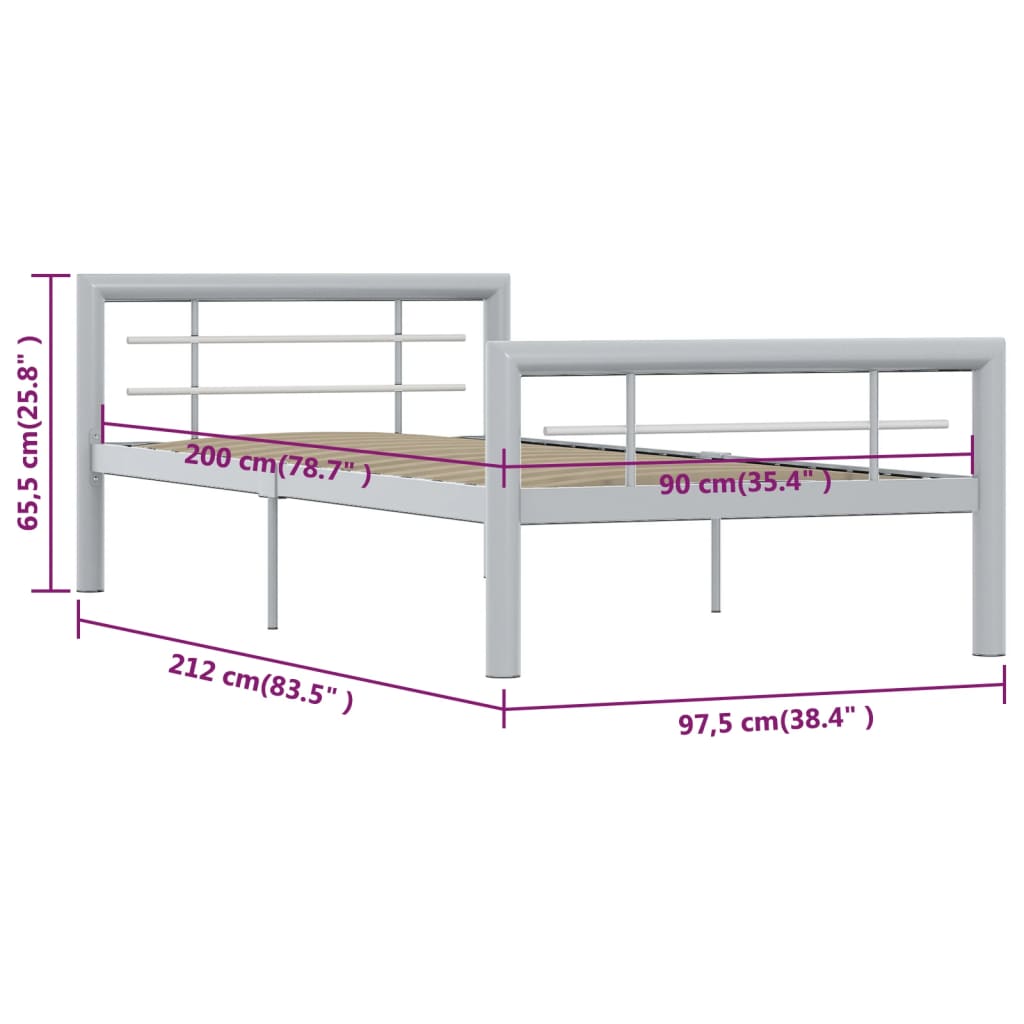 Bedframe Metaal 90 x 200 cm Grijs en wit