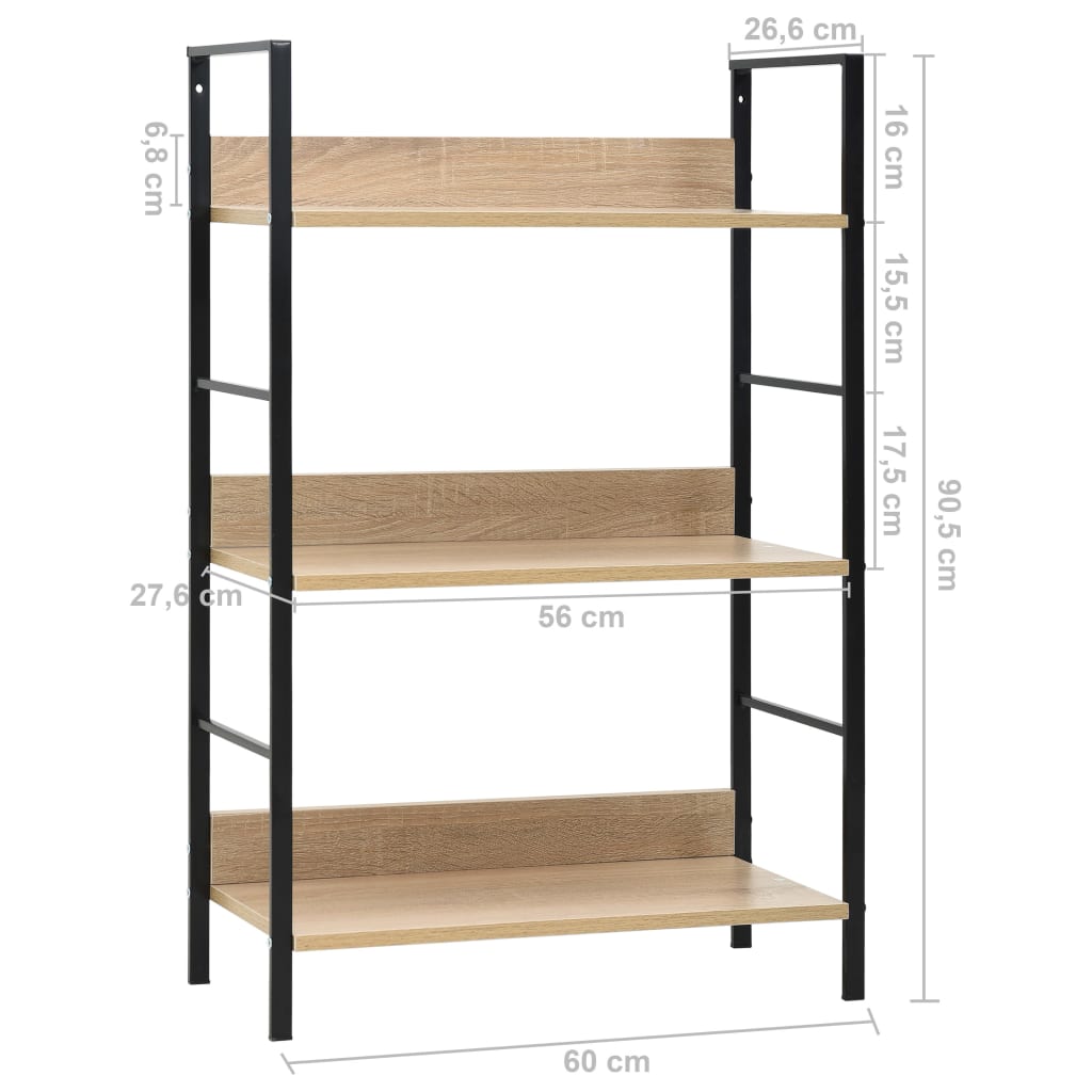 Boekenkast 3 schappen 60x27,6x90,5 cm bewerkt hout eikenkleurig 60 x 27.6 x 90.5 cm Eiken en zwart