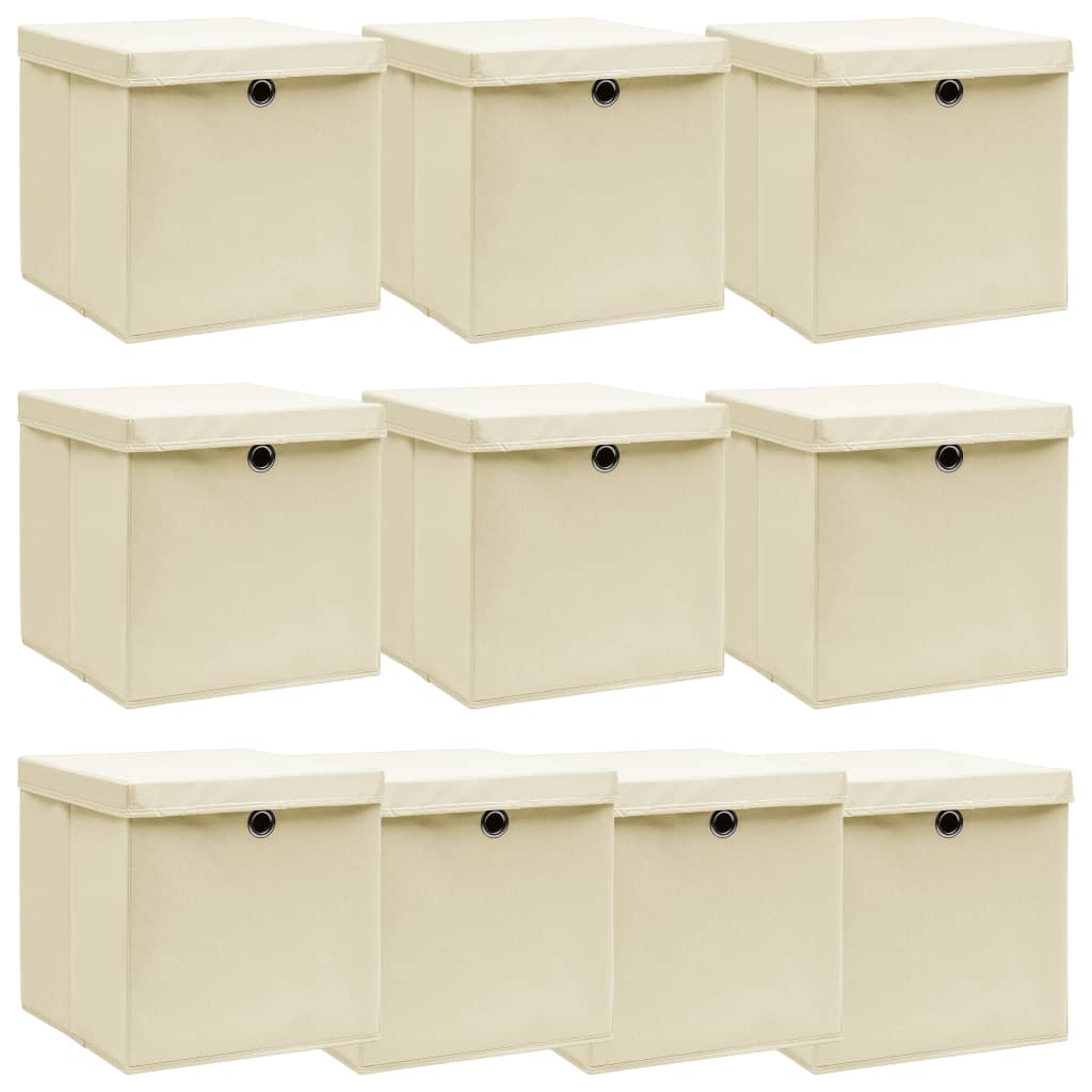 Opbergboxen Met Deksel 32X32X32 Cm Stof Crèmekleurig 10 Crème met deksels