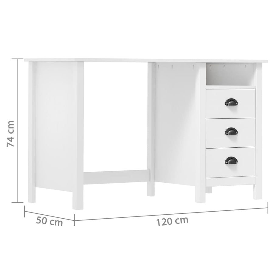 Bureau Hill 3 Lades Massief Grenenhout Wit