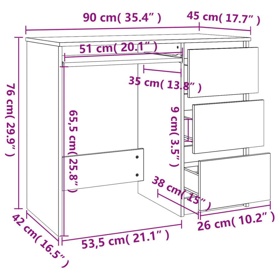 Bureau 90X45X76 Cm Spaanplaat Kleurig Sonoma eiken