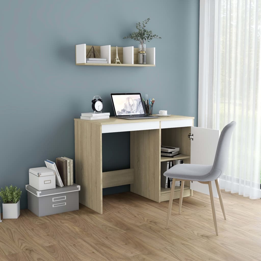 Bureau 100X50X76 Cm Bewerkt Hout Kleurig Wit en sonoma eiken