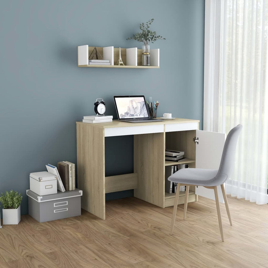 Bureau 100X50X76 Cm Bewerkt Hout Kleurig Wit en sonoma eiken