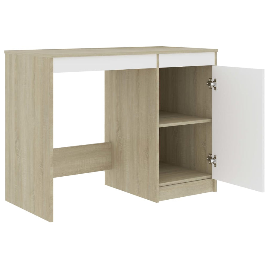 Bureau 100X50X76 Cm Bewerkt Hout Kleurig Wit en sonoma eiken
