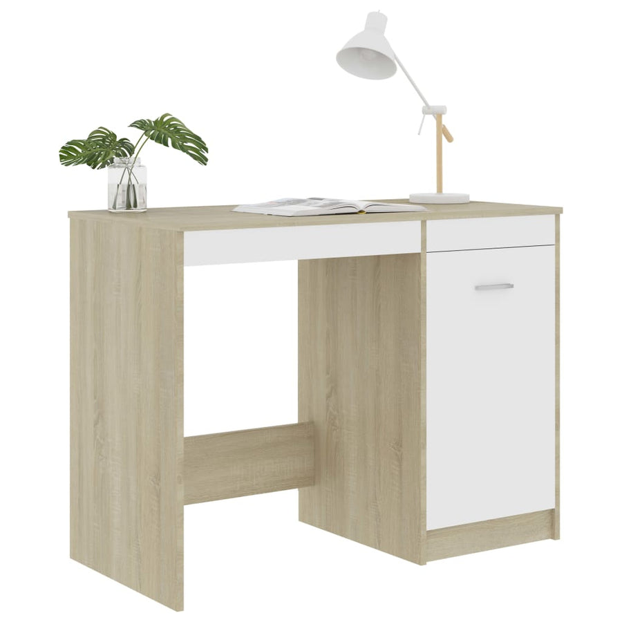Bureau 100X50X76 Cm Bewerkt Hout Kleurig Wit en sonoma eiken