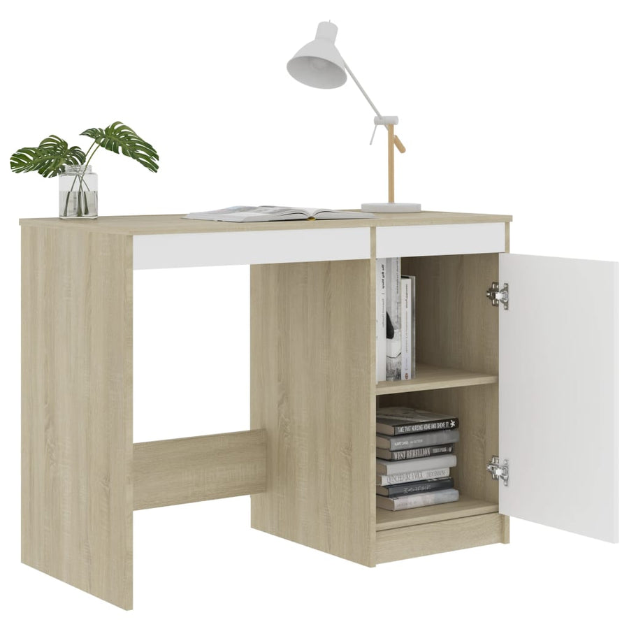 Bureau 100X50X76 Cm Bewerkt Hout Kleurig Wit en sonoma eiken