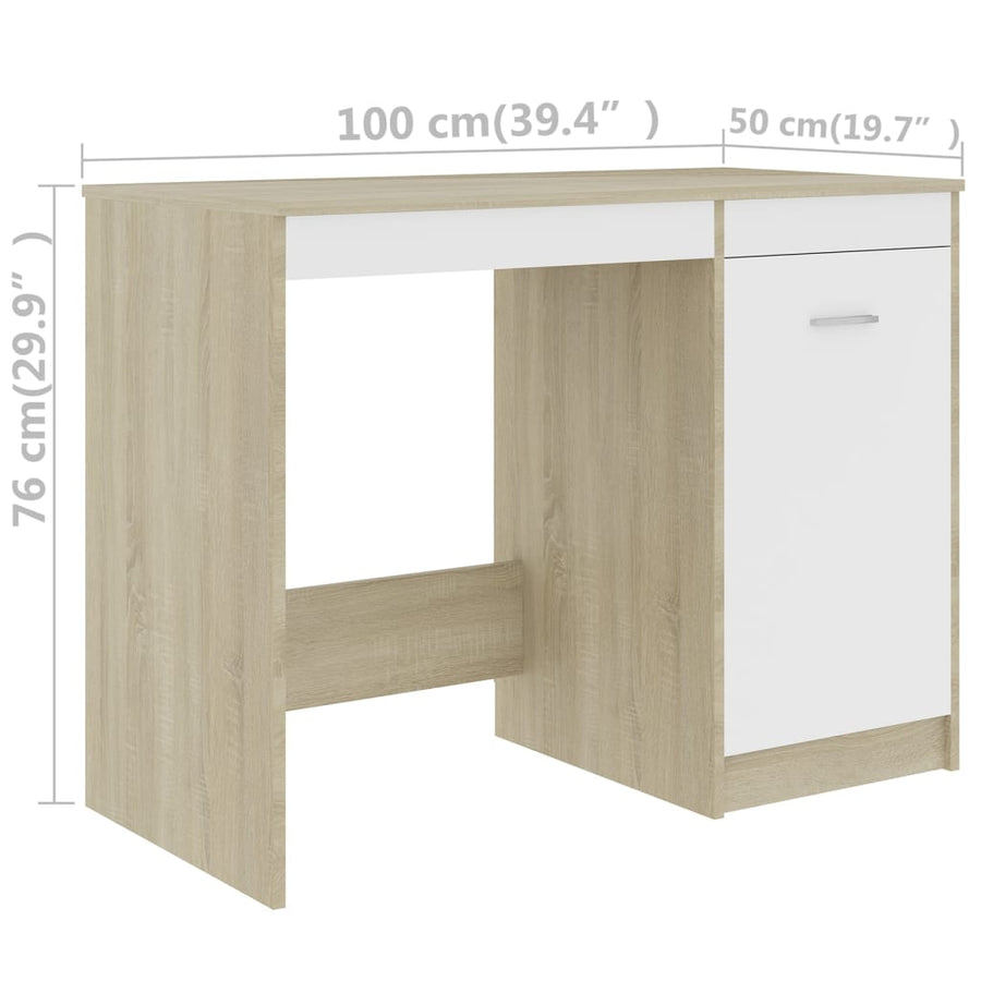 Bureau 100X50X76 Cm Bewerkt Hout Kleurig Wit en sonoma eiken