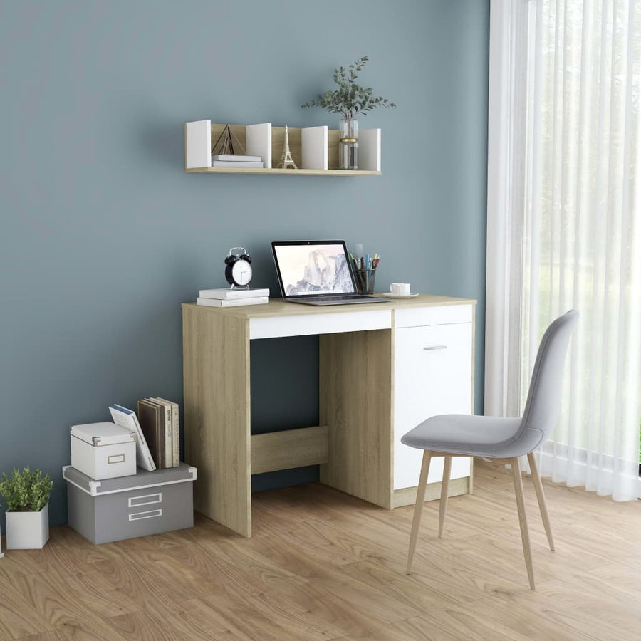 Bureau 100X50X76 Cm Bewerkt Hout Kleurig Wit en sonoma eiken