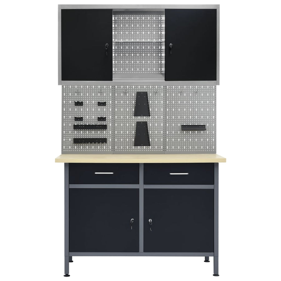 Werkbank met drie wandpanelen en een kast