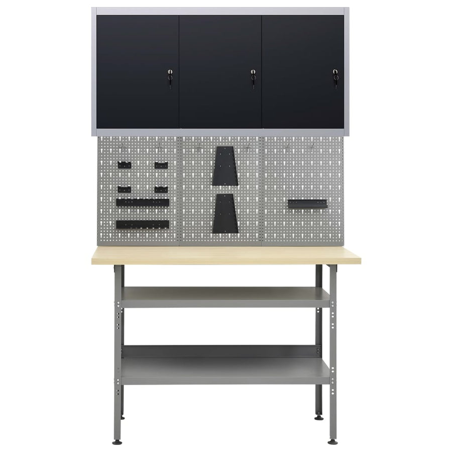 Werkbank met drie wandpanelen en een kast