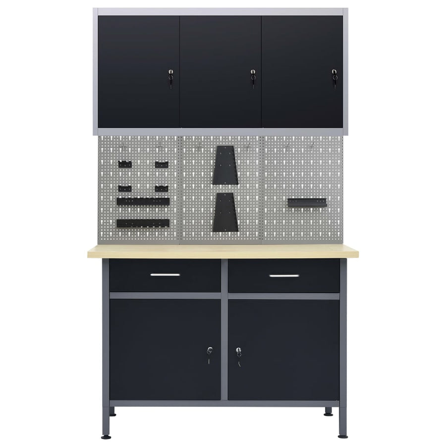 Werkbank met drie wandpanelen en een kast