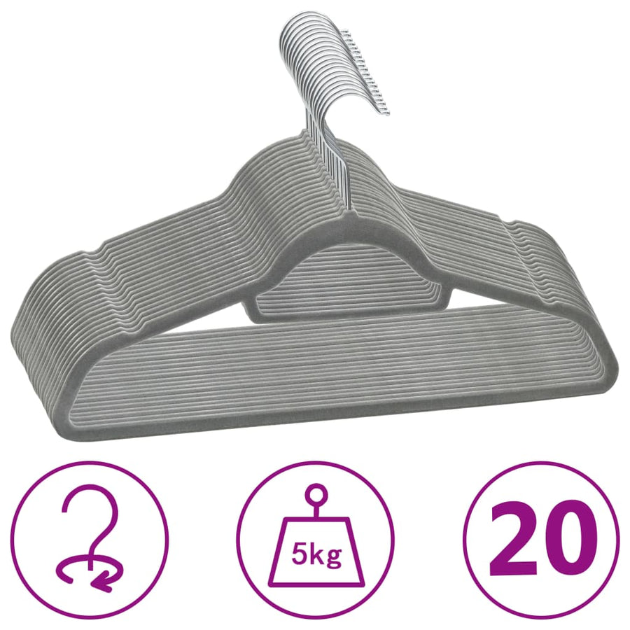 -Delige Kledinghangerset Anti-Slip Fluweel 20 Grijs