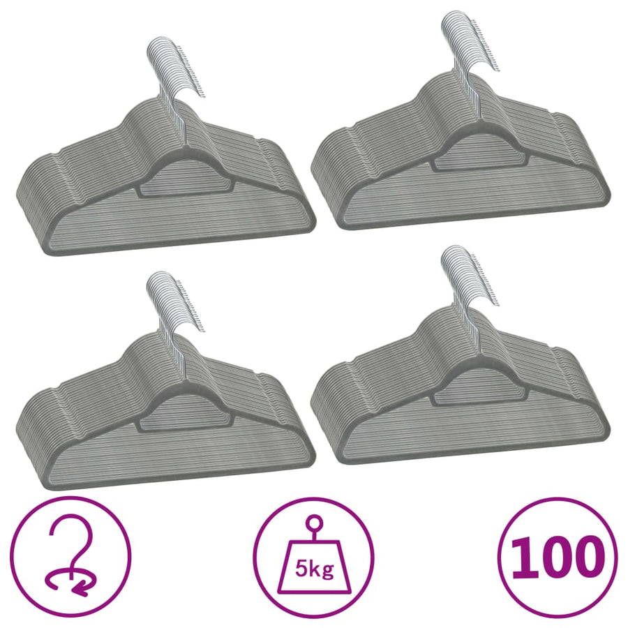 -Delige Kledinghangerset Anti-Slip Fluweel 100 Grijs