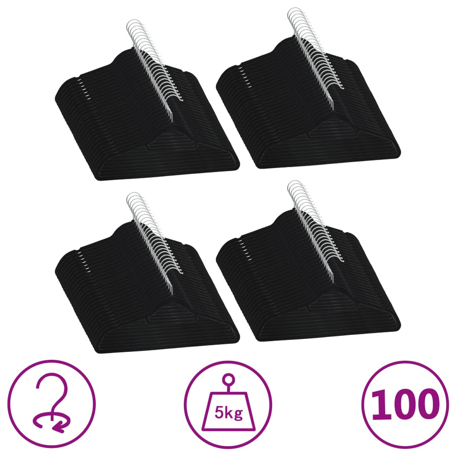 -Delige Kledinghangerset Anti-Slip Fluweel 100 Zwart