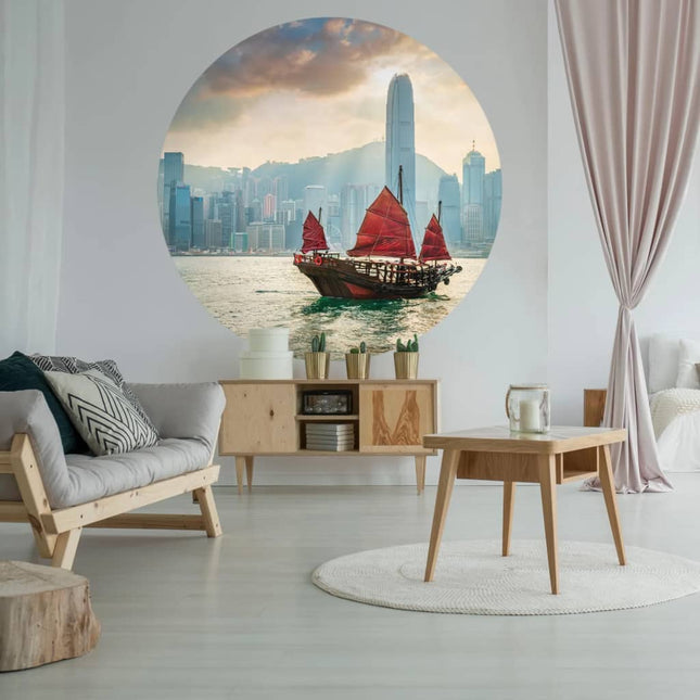 Wallart Behangcirkel Skyline With Junk Boat 90 Cm Ø 190 cm