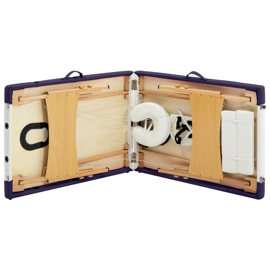 Massagetafel Inklapbaar 2 Zones Hout Wit en paars