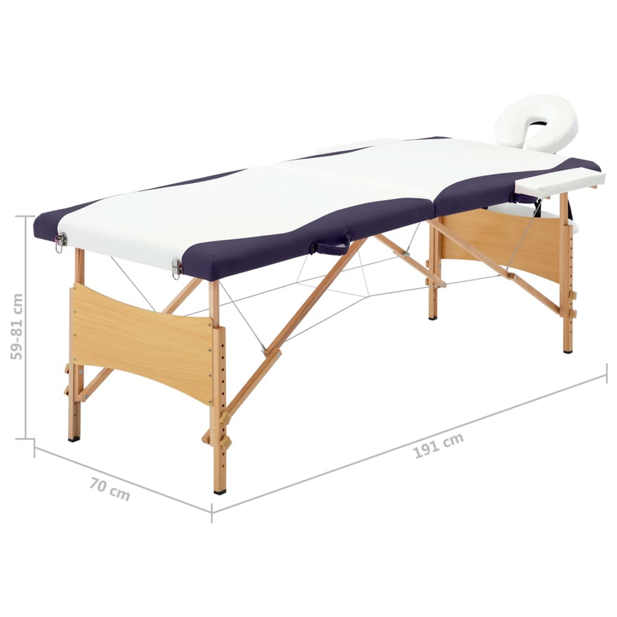 Massagetafel Inklapbaar 2 Zones Hout Wit en paars