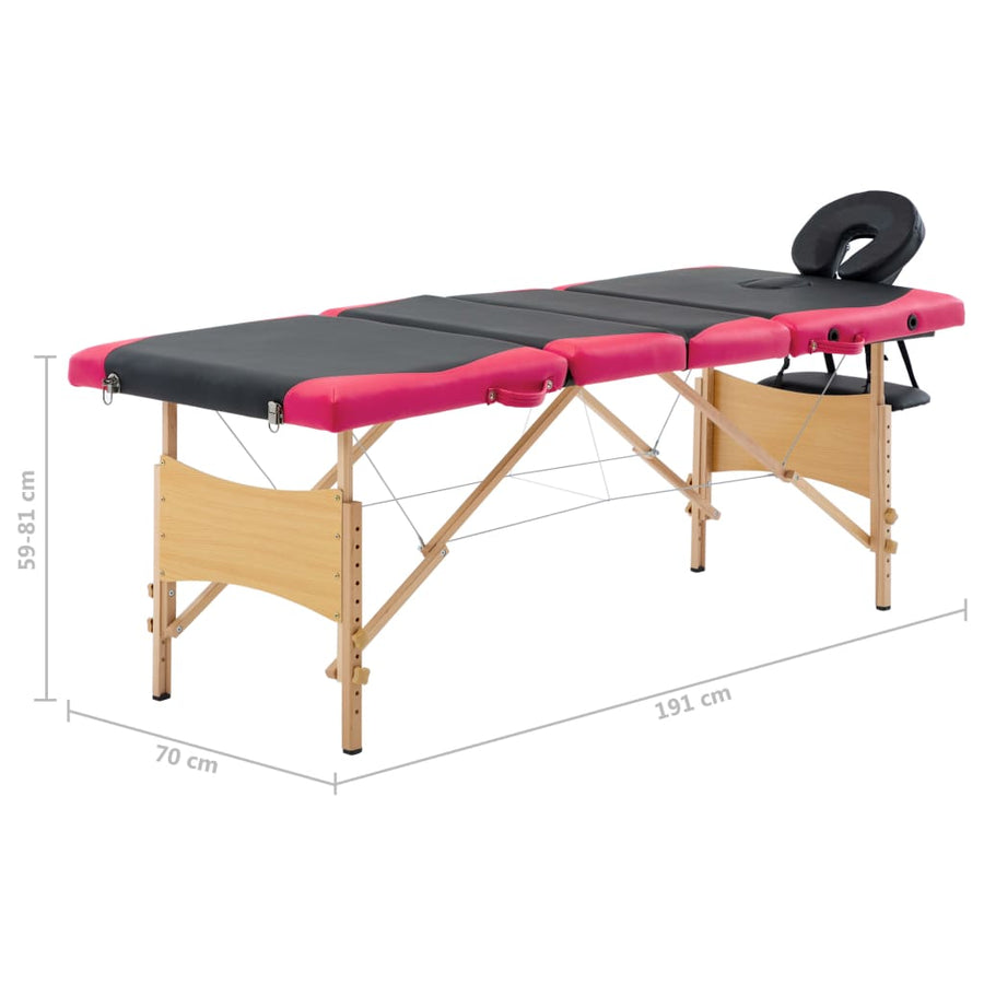 Massagetafel Inklapbaar 4 Zones Hout Zwart en roze