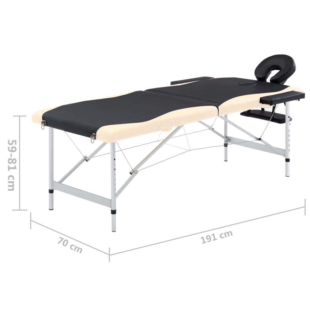 Massagetafel Inklapbaar 2 Zones Aluminium Zwart en beige