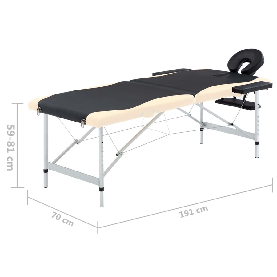 Massagetafel Inklapbaar 2 Zones Aluminium Zwart en beige