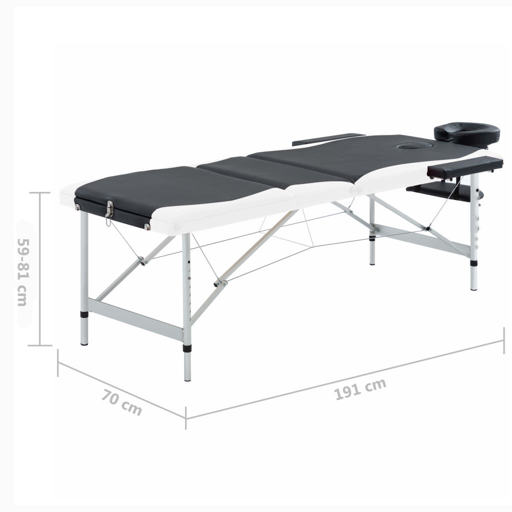 Massagetafel Inklapbaar 3 Zones Aluminium Zwart en wit