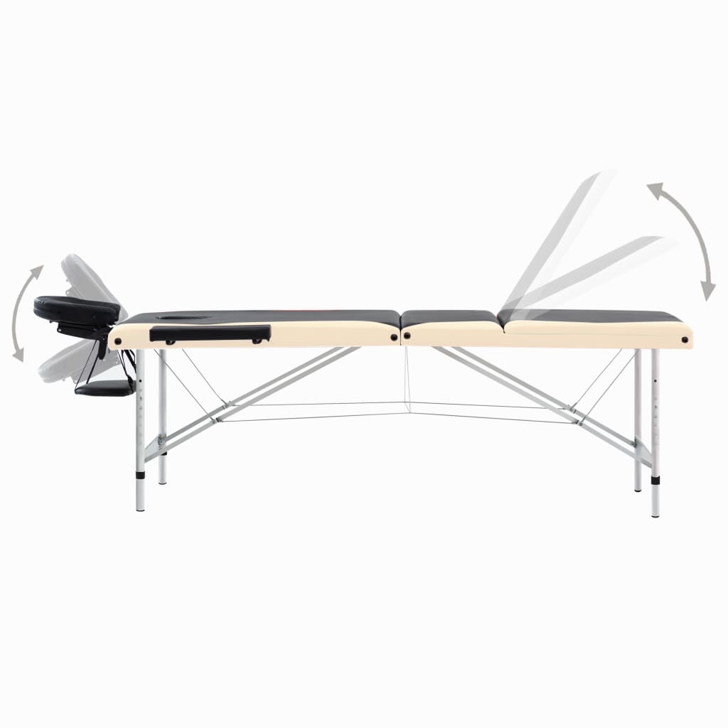 Massagetafel Inklapbaar 3 Zones Aluminium Zwart en beige