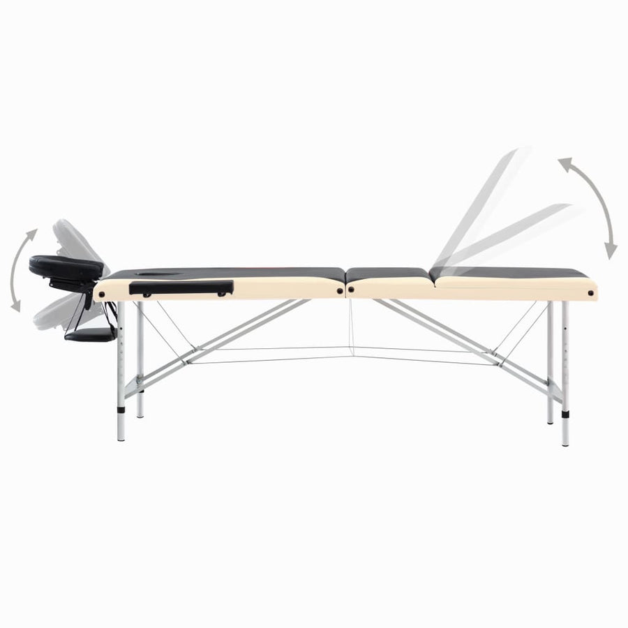 Massagetafel Inklapbaar 3 Zones Aluminium Zwart en beige