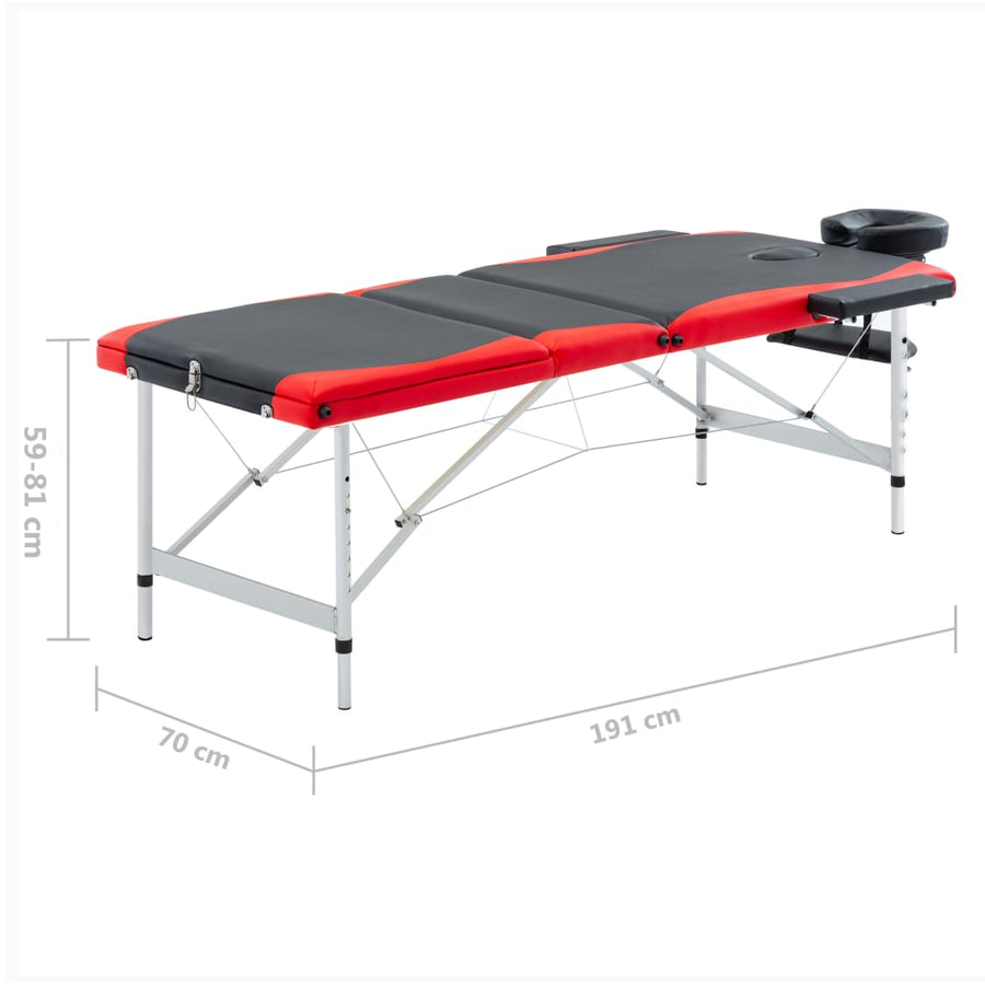 Massagetafel Inklapbaar 3 Zones Aluminium Zwart en rood
