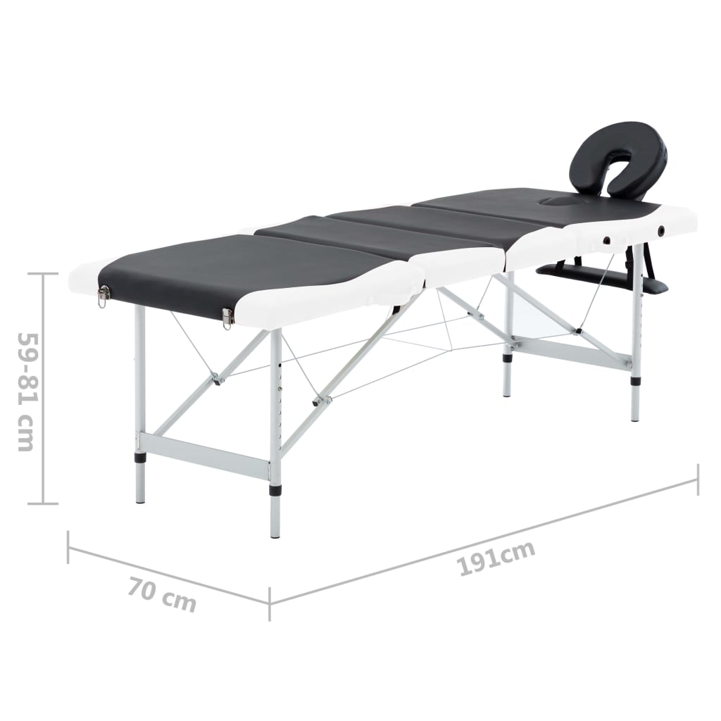 Massagetafel Inklapbaar 4 Zones Aluminium Zwart en wit