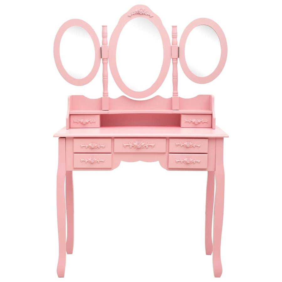 Kaptafel Met Kruk En Drievoudige Spiegel Roze