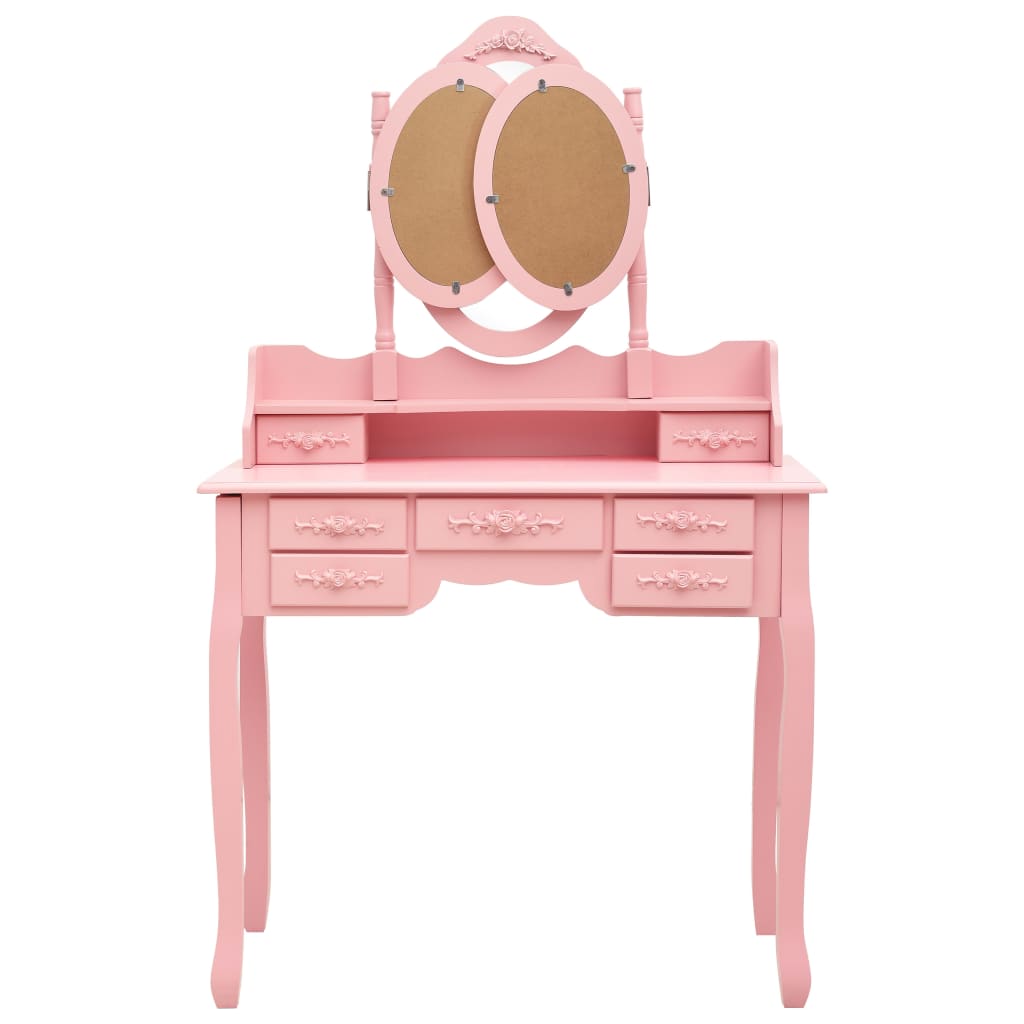 Kaptafel Met Kruk En Drievoudige Spiegel Roze