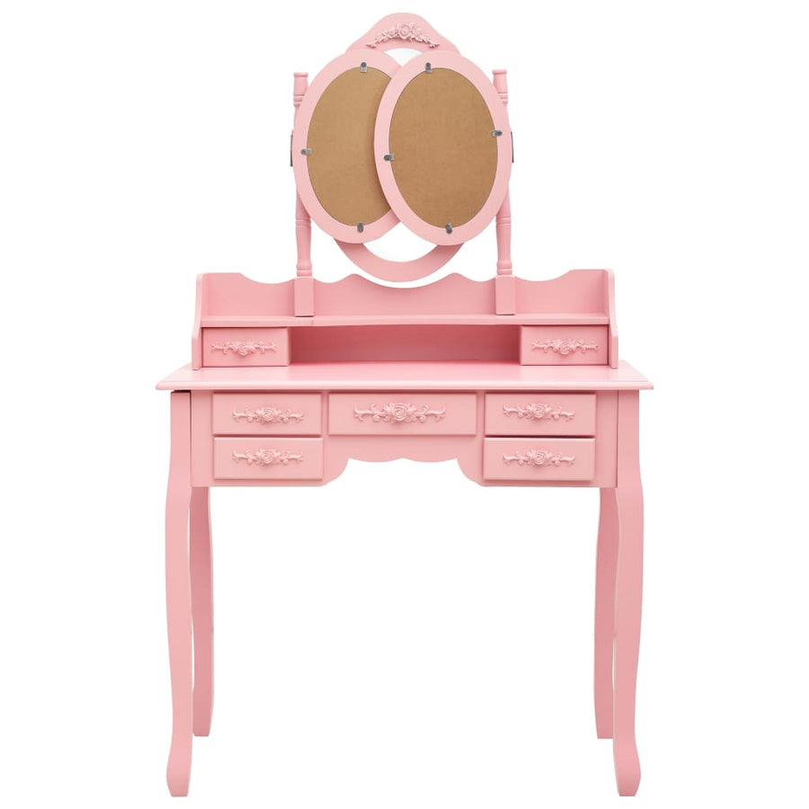 Kaptafel Met Kruk En Drievoudige Spiegel Roze
