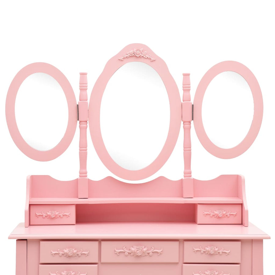 Kaptafel Met Kruk En Drievoudige Spiegel Roze