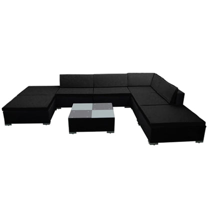 8-delige Loungeset met kussens poly rattan zwart