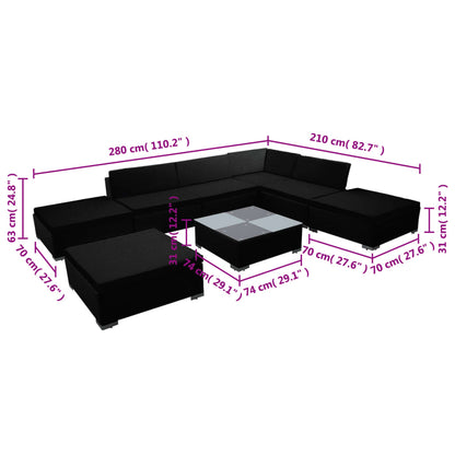 8-delige Loungeset met kussens poly rattan zwart