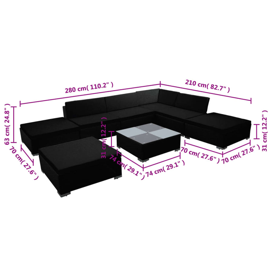 8-delige Loungeset met kussens poly rattan zwart