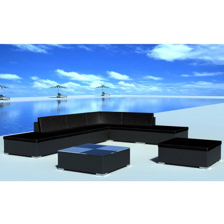 8-delige Loungeset met kussens poly rattan zwart