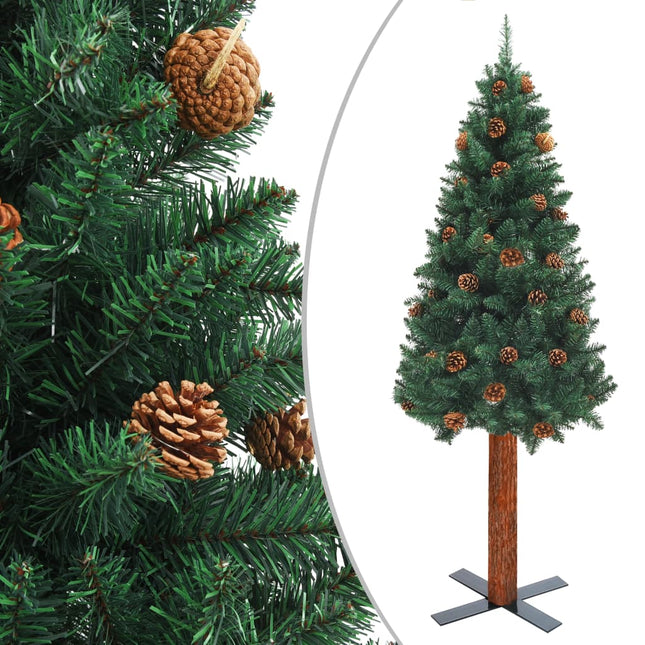 Kerstboom Met Echt Hout En Dennenappels Smal 50 Cm Pvc Groen 150 x 66 cm Met dennenappels